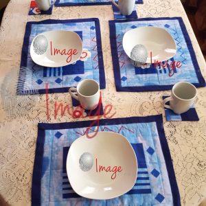 Blue Table Setting with Handmade Plate Mats – Cozy Dining Stock Photo